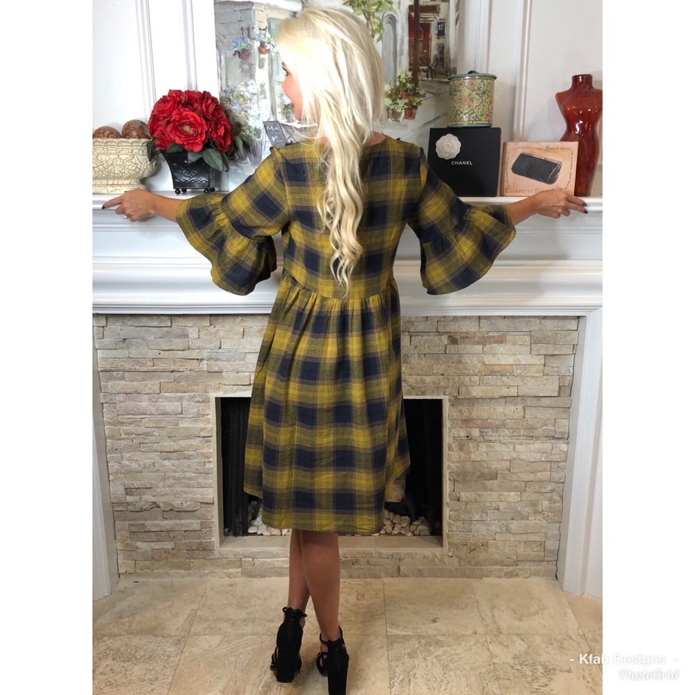 ❤️Mustard Plaid Flannel Crochet Detail Dress! - Picture 5 of 5